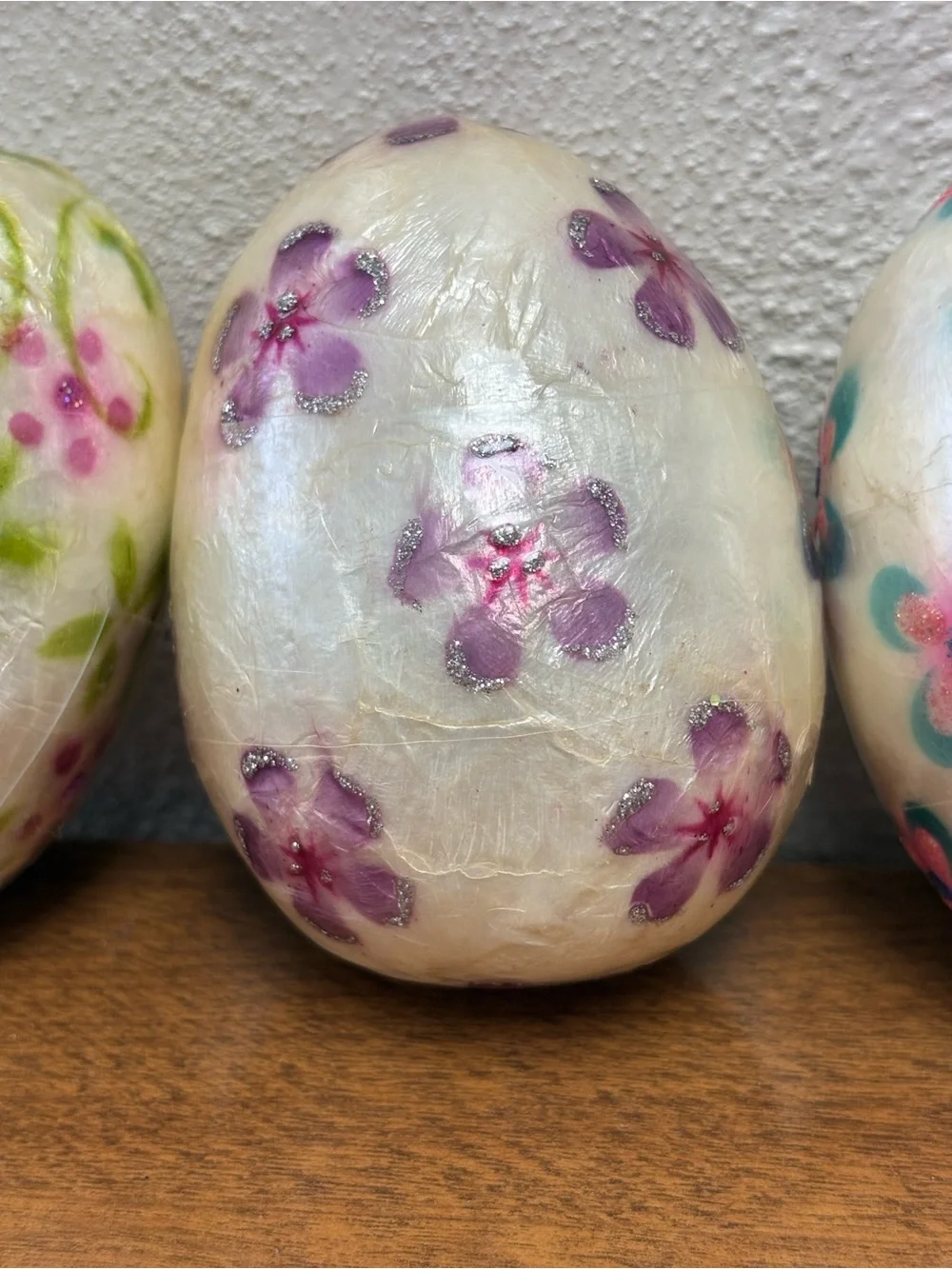 Vintage Pier 1 Imports Capiz Shell Floral Easter Eggs Set of 3 Handcrafted
